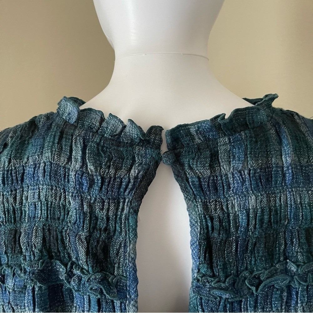 ⭐ Free People Blue Plaid Ruffle Trimmed Short Sleeve Smocked Neckline Blouse XS - Picture 8 of 13
